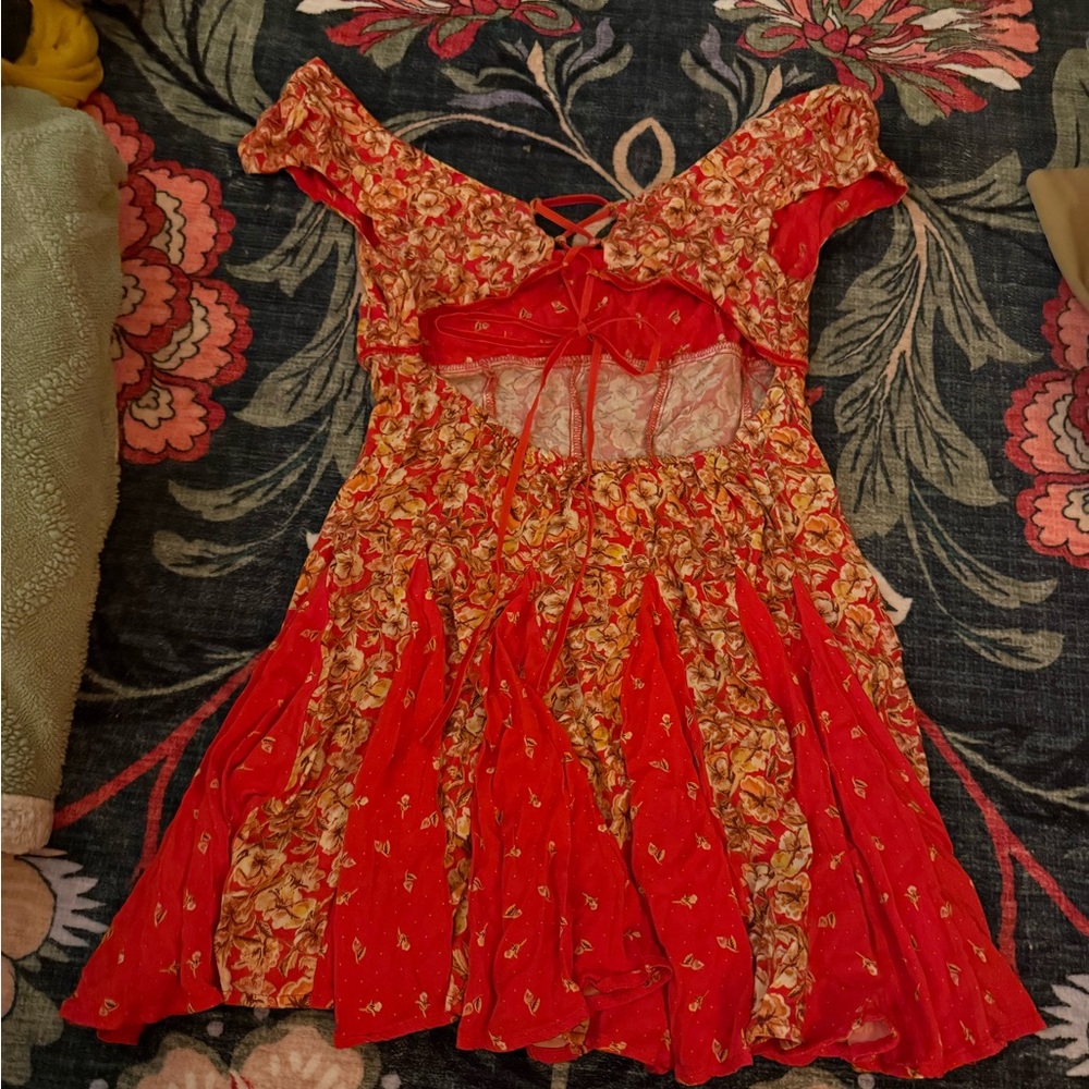 Free People Coral-Red Floral Backless Mini Dress - Picture 5 of 8